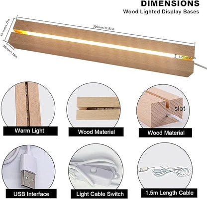LED Light Display Base, 2 pcs 11.81 Inch Wooden LED Light Base for Acrylic, Rectangle Wood Display Pedestal, 3D Crystal Light Base For Glass Art, Wood Night LED Light Lamp Base with Usb Switch
