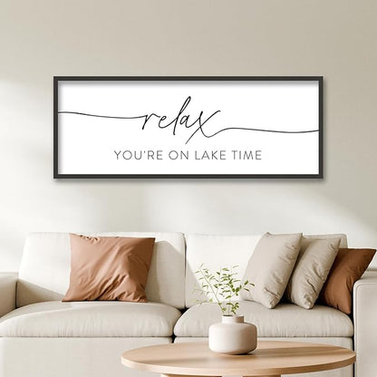 SRSZHIYUE Relax You're On Lake Time Wall Decor Above Bed Sign 32"×12" for Lake House Bedroom Over Bed Large Wood Framed Hanging Art (Black)