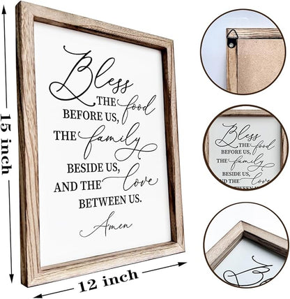 Christian Wooden Wall Sign, Dining Room Decors, Farmhouse Decor for Kitchen, Rustic Home Decor, Framed Wall Plaque Sign 15 * 11.5 inches, Bless the Food Before Us