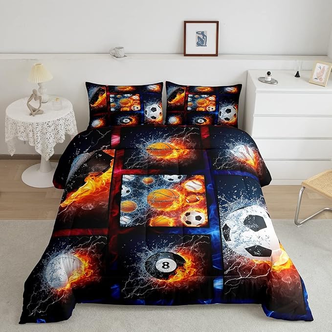 Sports Comforter Sets For Boys King,Teen Basketball Baseball Football Bedding Comforter Set For Men Volleyball Soccer Hockey Quilt Comforter,Red Blue Water And Fire Lightning Bed Duvet 2 Pillow Cases