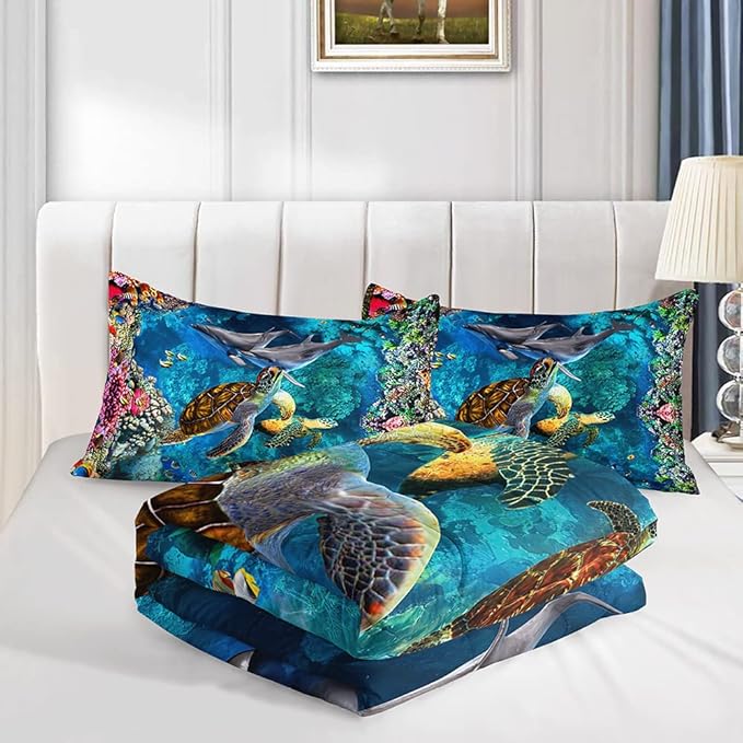 CVHOUSE Sea Turtle Comforter Set,Ocean Sea Turtle Bedding Set for Kids Teens,Ocean Sea Turtle Comforter Sea Turtle Duvet Set Room Decor Quilt Set Twin Size