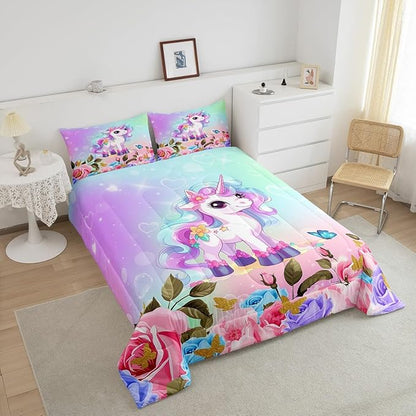 Cartoon Unicorn Kids Comforter Set Twin Size,Rose Flowers Butterfly Leaves Bedding Set,Girls Women Room Decor,Starry Sky Unicorn Cute Down Comforter,Pink Purple Romantic Duvet Insert,1 Pillowcase