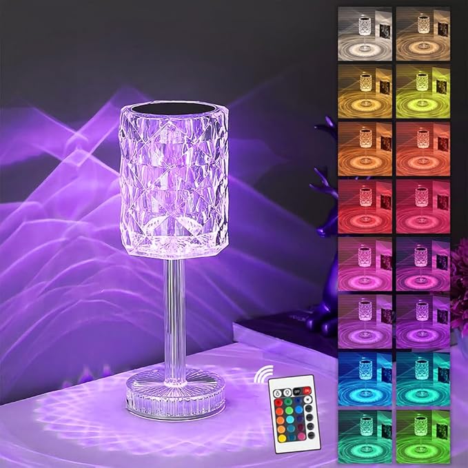 Portable Crystal Table Lamp,Acrylic Cordless LED Desk Lamp with Touch Control, 3 Color Touch Control Rechargeable Lamp, Night Light, Bedside Lamp,Dining Room Lamp (16 Color)