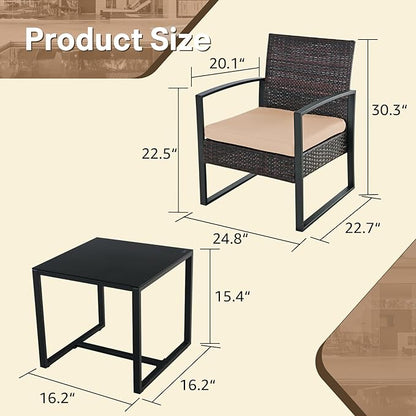 3 Pieces Patio Furniture Set, Outdoor Patio Set, Patio Bistro Set, All-Weather Wicker Conversation Set with Cushions Table for Porch Backyard (Brown-Brown)
