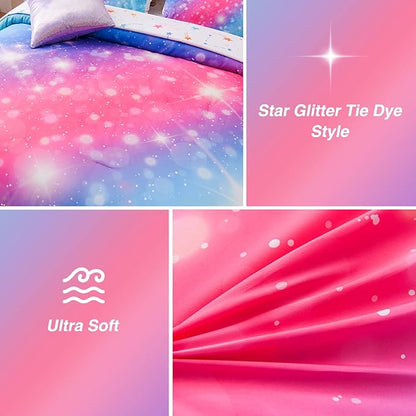 A Nice Night 6Pcs Gradient Glitter Bedding Set for Girls, Colorful Rainbow Galaxy Comforter Set, Ultra Soft Bedding Sets (Pink-Blue,Twin 6Pcs)