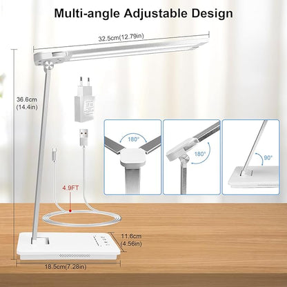 Desk Lamp Dimmable Table Lamp Foldable Reading Lamp Double Swing Arm Desk Light with USB Charging Port,5 Light Modes, Touch Control, Auto-Off Timer, Eye-Caring Led Desk Lamp (Silver)