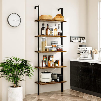 NUMENN 5 Tier Book Shelf, Industrial Ladder Shelf, Open Space Wall Mount Bookshelf with Metal Frame, Sturdy Book Shelves, Bookcase for Living Room, Home Office Shelf, Vintage Brown