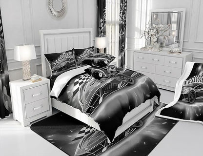 Racing Car Comforter Set, Cool Speed Race Car Down Comforter Queen for Kids Boys Girls Teens Bedroom, Automobile Extreme Sport Bedding Set Plaid Checkered Duvet Sets with 2 Pillowcases,Grey
