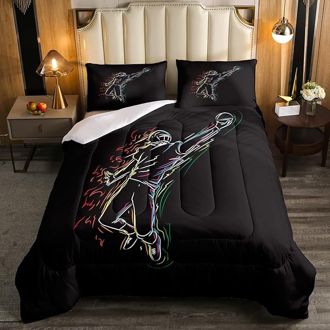 Erosebridal Boys Football Bedding Set King Size American Rugby Comforter Set for Kids Teen Men Bedroom Dorm Decor Sketch Football Athlete Comforter Ball Sports Quilt Duvet Insert 2 Pillow Cases Black