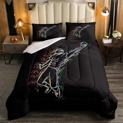 Erosebridal Boys Football Bedding Set King Size American Rugby Comforter Set for Kids Teen Men Bedroom Dorm Decor Sketch Football Athlete Comforter Ball Sports Quilt Duvet Insert 2 Pillow Cases Black