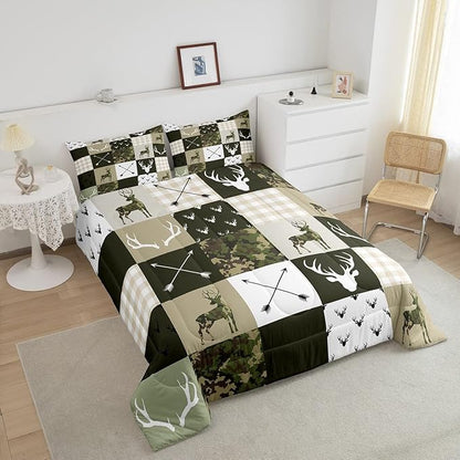 Kids Deer Antler Animal Comforter Set King Size,Army Green Camo Xmas Bedding Set,Girls Boys Adults Bedroom/Cabin Decor,Plaid Patchwork Retro Down Comforter,Boho Arrows Duvet Insert,3pcs,2 Pillowcases