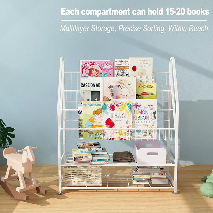 Kids Bookshelf Freestanding for Children Room 32 Inches White Metal Bookcase Large Capacity Books Toys Organizer Stable 5 Tiers Kids Book Rack for Playroom Bookstore Library.