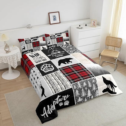 Deer Antlers Comforter Set King Size,Bear Paws Pine Trees Xmas Bedding Set for Kids Boys Girls Adults Room Decor,Lattices Patchwork Rustic Farmhouse Down Comforter,Red Duvet Insert,2 Pillowcases