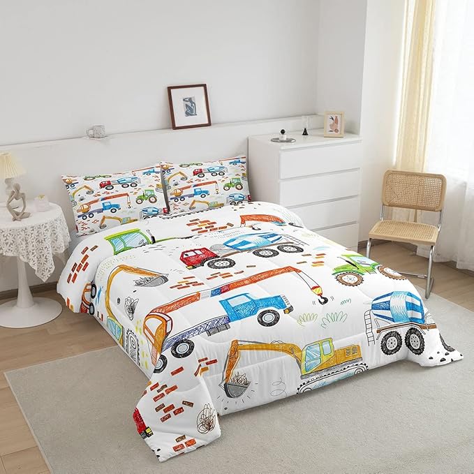 Boys Excavator Bedding Set Construction Vehicles Comforter Set for Kids Girls Watercolor Tractor Crane Truck Comforter Colorful Design Quilt Room 3Pcs Full Size Boys