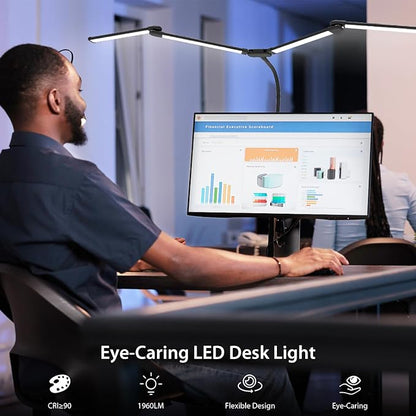 Desk Lamp for Office Home, 4 Heads, 24W Ultra Bright, 5 Colors 10 Bright Levels, Long Flexible Clamp Clip Light, Task Table Lamp with Adapter & Switch Controller, Black