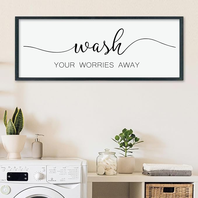 LuZhiQiang Wash Your Worries Away Sign Bathroom Wall Art Decor 40"×15" Large Wood Framed Laundry Room Funny And Artwork Wall Hanging (Black)
