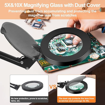 Magnifying Glass with Light and Stand, 5X&10X Lighted Magnifying Glass with Dust Cover, 3 Colors Stepless Dimming Magnifying Lamp with Night and 30Min Timer Mode for Reading Hobby Craft Close Work
