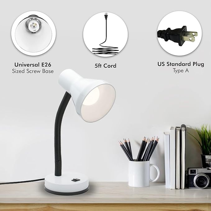 Xtricity Metal Desk Lamp with Adjustable Gooseneck Arm, 6W A19 LED Bulb Included, 120 Volt, Convenient On/Off Switch, 14" Inch Tall (36cm), White Finish