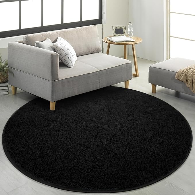 Round Area Rugs for Bedroom Living Room, 4x4 Black Super Soft Comfy Thickened Memory-Foam Indoor Circle Carpet, Modern Aesthetic Minimalist Carpet for Boys Girls Adults Nursery Home Décor