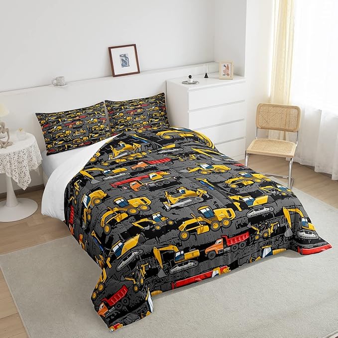 Kids Tractor Bedding Sets For Boys Toddler Twin,Under Construction Trucks Bedding Comforter Set,Equipment Excavator Bedding Cartoon Vehicle Cars Bed Set For Child Room Decor Yellow Dark Grey 2 Pcs
