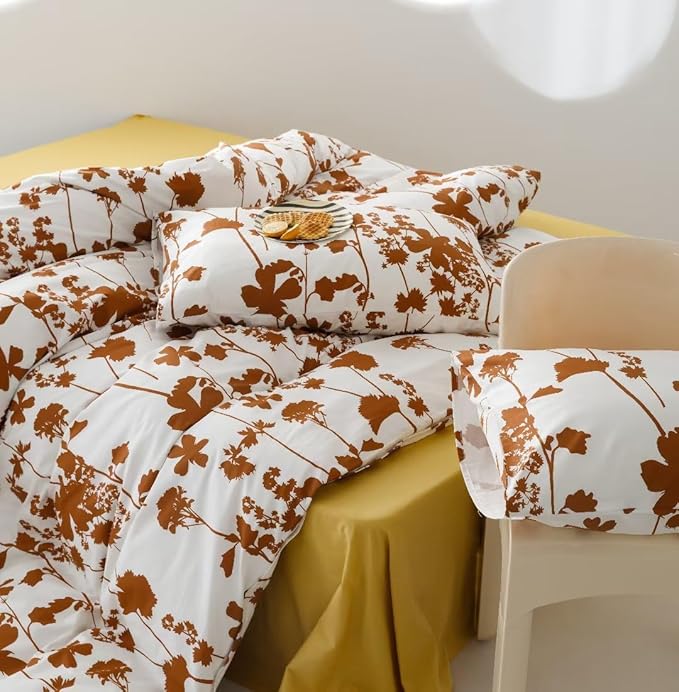 Botanical Comforter Set Full White and Pumpkin Floral Plant Bedding Comforter Set Girls Garden Pattern Printed on White Blanket Rustic Leaf Blossom Women White Farmhouse Comforter Full