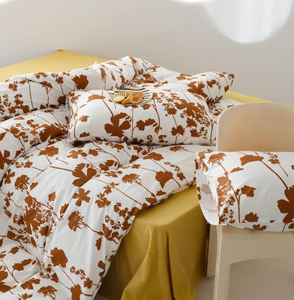 Botanical Comforter Set Full White and Pumpkin Floral Plant Bedding Comforter Set Girls Garden Pattern Printed on White Blanket Rustic Leaf Blossom Women White Farmhouse Comforter Full