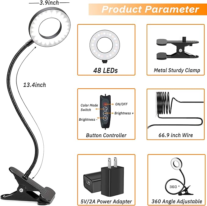 Lypumso Desk Lamp with Adapter, LED Reading Lamp Clip on Light, 3 Color Modes 10 Dimmable Brightness, Perfect Clamp Lamp for Home Office Studying Working Makeup Craft