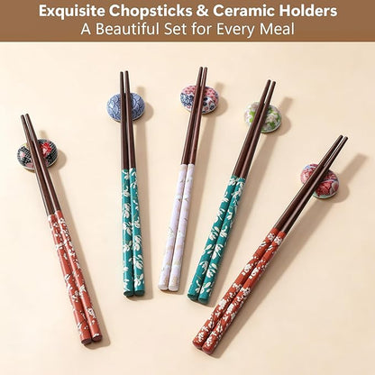 Antner 5 Pairs Reusable Wooden Chopsticks and Ceramic Rests Set, 8.8 Inch/22.5cm Classic Japanese Style Chopsticks with Holders for Ramen Sushi Asian Cuisine Lovers, Black Elegant Gift Box