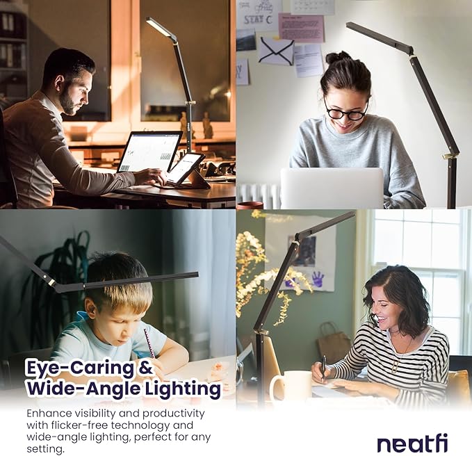 Neatfi LED Desk Lamp with Clamp, Touch & Remote Controlled, Stepless Dimming, 3 Color Modes, 3000-6000K, Detachable Shade, Flicker-Free, 360° Rotation, Wide Angle Lighting (Modern, Black)