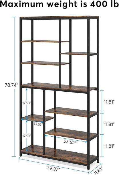 Modern 8-Tier Staggered Bookcase - 79 Inches Tall, Wide Wood Etagere Shelving Unit