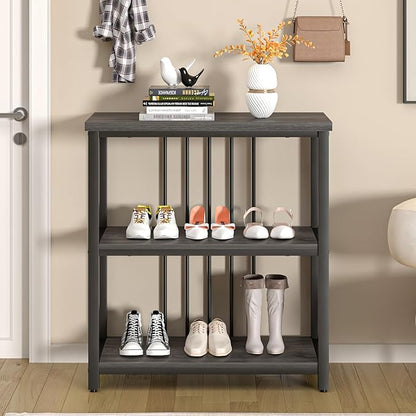 FOLUBAN 3 Tier Book Shelf, Modern Short Bookshelf for Small Space, Industrial Wood and Metal Bookcase for Bedroom, Living Room, Office (Dark Gray Oak)
