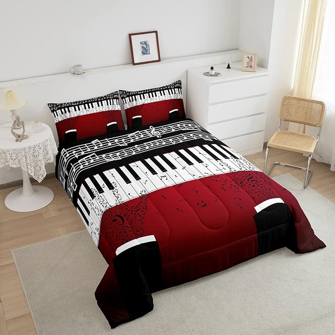 Erosebridal Music Notes Comforter Set for Kids Boys Teens Men Piano Keys Down Comforter King Size Rock Musical Bedding Set Play Piano Duvet Sets Music Bedroom Decor with 2 Pillow Cases Red Black