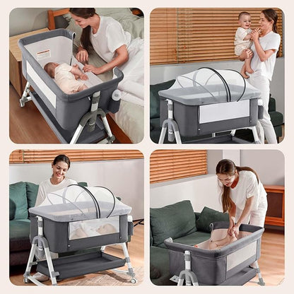 4 in 1 Baby Bassinet,Easy Folding Portable Bedside Crib with Comfy Mattress and Wheels,Height Adjustable Bassinet with Mosquito net Included,Grey