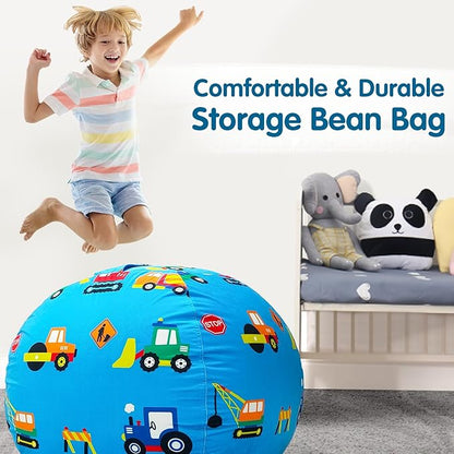 Lukeight Stuffed Animal Storage Bean Bag Chair Cover for Kids, Zipper Beanbag Chair Cover for Organizing Toddler & Kids' Rooms Plush Toys (Construction Velvet, X-Large)