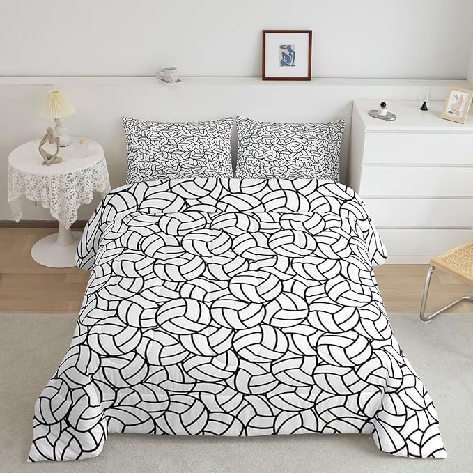 Feelyou King Size Volleyball Bedding Set Boys Girls Sports Game Comforter Set for Kids Women Men Ultra Soft Volleyball Player Comforter Black White Duvet Set Room Decor Quilt Set