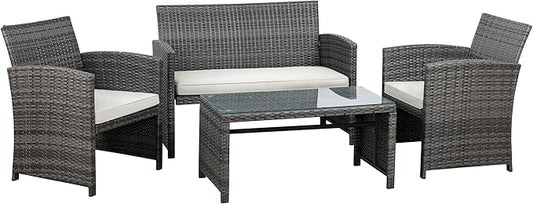 Shintenchi 4-Piece Patio Furniture Set, Outdoor Wicker Patio Conversation Furniture Set with Cushions and Tempered Glass Tabletop for Lawn Backyard Pool Garden,Beige