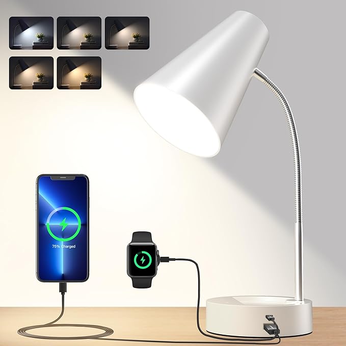 RUNTOP Desk Lamp, Desk Lamps for Home Office with 5 Color Modes 5 Brightness Dimmer Reading Light & USB Port, Type C port, 7W LED Table Lamp, 360° Flexible Gooseneck Lamp Light for Bed Bedside, White
