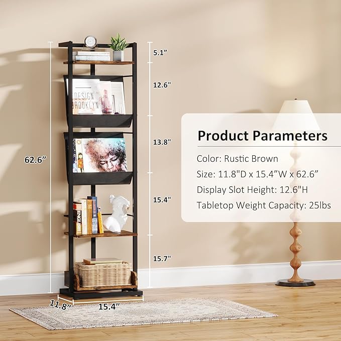 Bookshelf 5-Tier Book shelf: Tall Narrow Bookshelf Bookcase, Industrial Modern Sturdy Display Bookshelves for Small Spaces, Rustic Brown