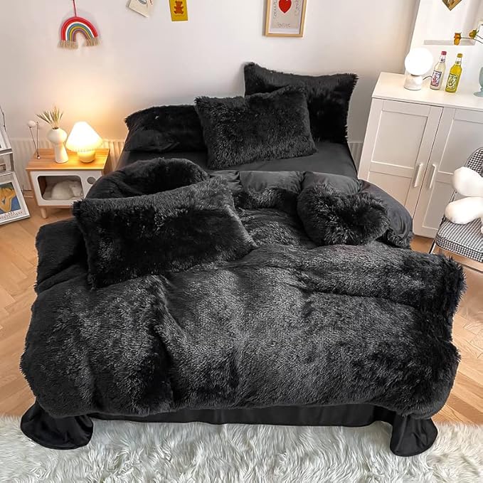 Faux Fur Kids Girls Black Comforter Sets King - 3PC Bed Set Warm Comfortable Soft Plush Flannel Velvet Fluffy Fuzzy Bedding（Comforter x 1 Pillowcases x 2）