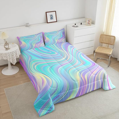 Pastel Rainbow Comforter Set with Pillowcases Abstract Wave Stripes 3D Printed Designs 3 Piece Bedroom Duvet Set Psychedelic Girl Bed Down Comforter for Kids Women Dorm Room (Full,Coulourful Marble)