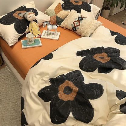 Black Floral Comforter Set Black and White Bedding Full Comforter Set Hand-Drawn Flowers Cotton Women Modern Elegant Chic Quilts Blankets Lightweight Black Flower Reversible Bed Comforter Set