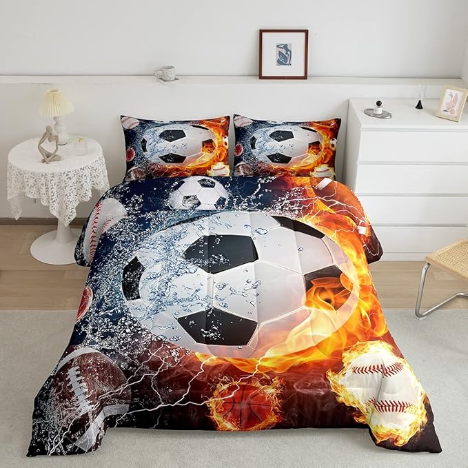Erosebridal Boys Soccer Bedding Set Football Sports Full Comforter Set for Kids Teens Youth Bedroom Decor Lightning Baseball Quilt Duvet Water Fire Basketball Comforter with 2 Pillow Cases Red Blue