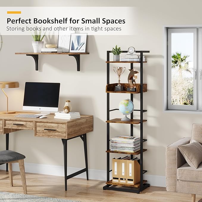 Bookshelf 5-Tier Book shelf - Narrow Wood Bookcase Tall Corner Book Shelves Storage Organizer Display Book Rack for Living Room Bedroom Office Home (Rustic Brown)