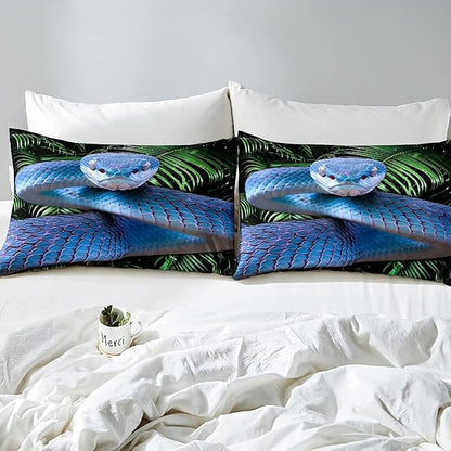 Erosebridal Snake Comforter Set King, Blue Snake Duvet Set, 3D Reptile Bedding Comforters, Blue Scales Quilt Set, Palm Leaf Wild Animal Stylish Quilted Duvet for Kids Boys Teens Man Bedroom Decor