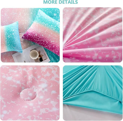 PERFEMET 6 Piece Full Size Comforter Sets for Teens Girls, Tie Dye Rainbow Ombre Bed in A Bag, Gradient Glitter Sparkle Bedroom Decor Bedding Set (Blue Teal Purple, Full)