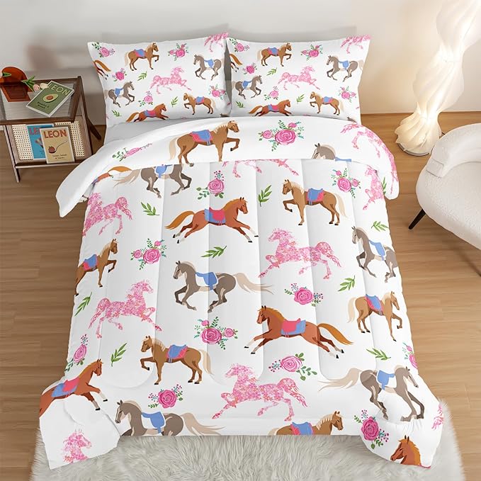 HOSIMA Kawaii Pink Rose Horse Twin Comforter Princess Toddler Bedding Set,Cute Animal Horse Bedding Girls Teens Aesthetic Room Decor,Cowboy Cowgirl Colorful Pony Twin Bed in a Bag.
