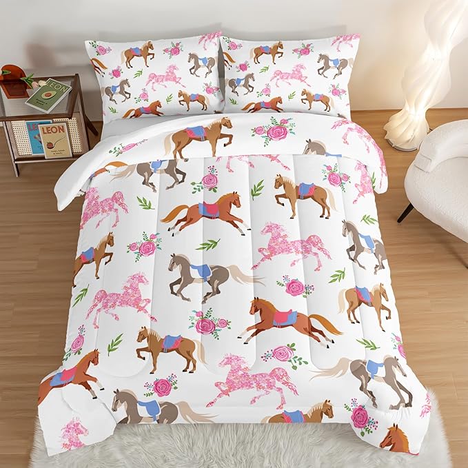 HOSIMA Kawaii Pink Rose Horse Full Size Comforter Sets,Cute Animal Horse Bedding Girls Teens Aesthetic Room Decor,Princess Toddler Bedding Set Cowboy Cowgirl Colorful Pony Full Size Bed in a Bag.