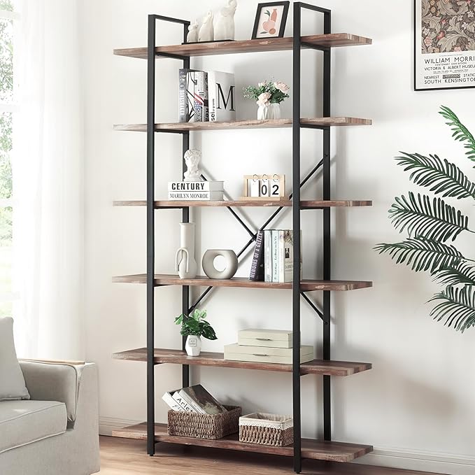 HOMISSUE Bookshelf,6-Tier Tall Bookshelf Industrial Bookcase and Bookshelves,Rustic Storage Rack with Open Shelves for Living Room Bedroom and Kitchen