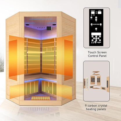 Sauna, Infrared Sauna 2 Person, 2 Person Sauna 9 Heating Plate 2180w Low EMF Room, Dry Sauna for Home, Wooden Sauna with 7-Color Therapeutic Lights and Bluetooth Speakers Room