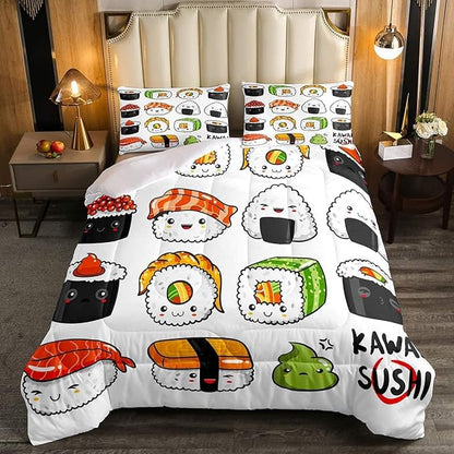 Erosebridal Kawaii Sushi Pattern Comforter Set King, Japanese Style Down Comforter, Food Theme Quilted Duvet for Kids Boys Girls Teens, Cute Cartoon Japanese Sushi Quilt Set Room Decorative